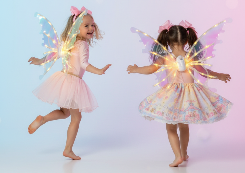 Two children in fairy costumes with light-up wings against a pastel background